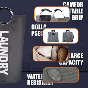 Caroeas XX-Large 115L Laundry Basket (7 Colors), Waterproof Laundry Hamper, Laundry Bag with Padded Handles, Clothes Hamper Stands Up Well, Collapsible Laundry Basket Easy Storage(Dark Grey)