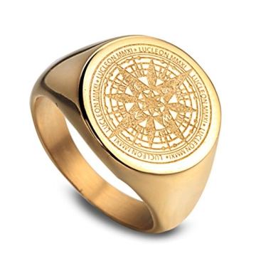 JAJAFOOK Mens Vintage Round Compass Signet Ring, Stainless Steel Nautical Compass Rings,Gold 7