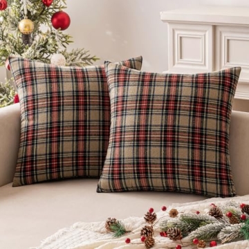 MIULEE Christmas Set of 2 Scottish Tartan Plaid Throw Pillow Covers 24x24 Inch, Khaki