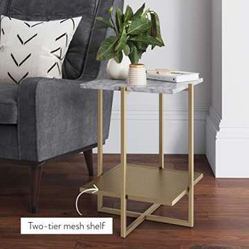 Nathan James Myles Modern Nightstand Marble Side Table Metal Frame, White/Gold