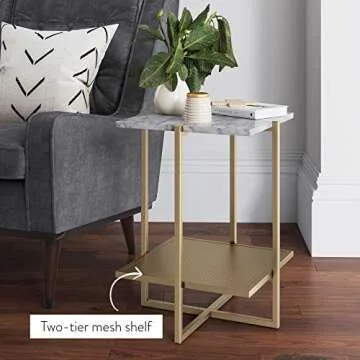 Nathan James Myles Modern Nightstand Marble Side Table Metal Frame, White/Gold