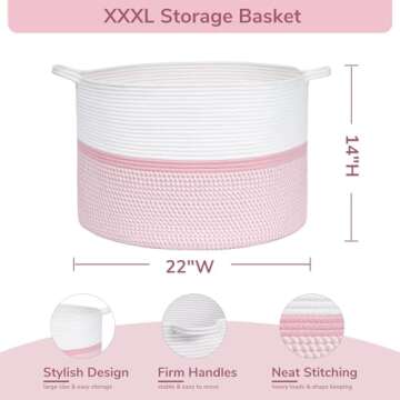 CHICVITA Pink XXL Rope Woven Storage Basket with Handles