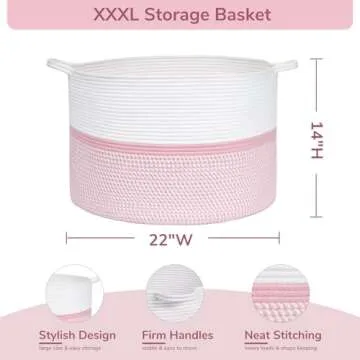 CHICVITA Pink XXL Rope Woven Storage Basket with Handles