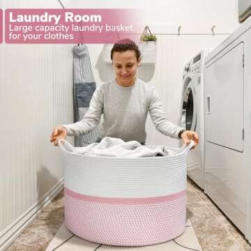 CHICVITA Pink XXL Rope Woven Storage Basket with Handles