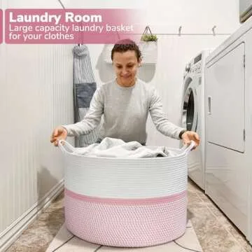 CHICVITA Pink XXL Rope Woven Storage Basket with Handles