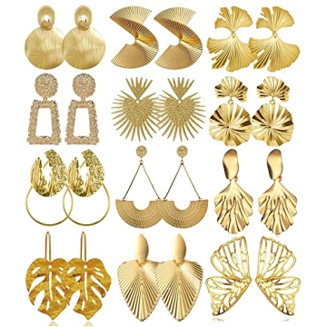 Gold Silver Geometric Punk Earrings for Women - 12 Pairs