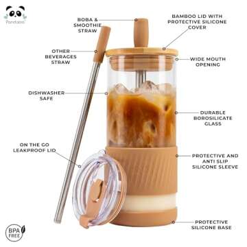 Pandaloo® Glass Cups With Lids and Straws -20 Fl Oz- Perfect Size Iced Coffee Cup - Smoothie Cup Wi...