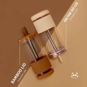 Pandaloo® Glass Cups With Lids and Straws -20 Fl Oz- Perfect Size Iced Coffee Cup - Smoothie Cup With Bamboo Lid and On the go Lid - Glass Tumbler With Straw (1 Count (Pack of 1), Amber Sand)