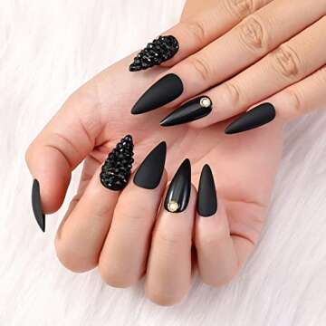 Artquee 24pcs Press on Nails Black Medium Long Almond Stiletto Matte Mixed Glossy Fake Nails False Tips Manicure for Women Including 2pcs 3D Rhinestones Nails and 2pcs Gold Nail Studs