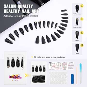 Artquee 24pcs Press on Nails Black Medium Long Almond Stiletto Matte Mixed Glossy Fake Nails False Tips Manicure for Women Including 2pcs 3D Rhinestones Nails and 2pcs Gold Nail Studs