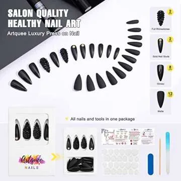 Artquee 24pcs Press on Nails Black Medium Long Almond Stiletto Matte Mixed Glossy Fake Nails False Tips Manicure for Women Including 2pcs 3D Rhinestones Nails and 2pcs Gold Nail Studs