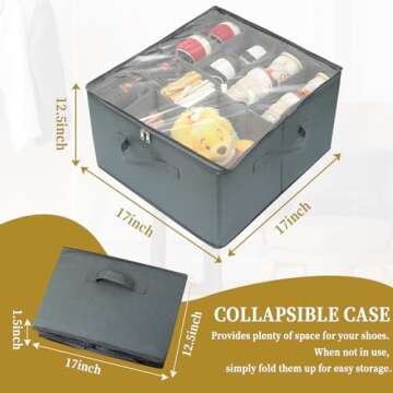 BULFULL Shoe Organizer for Closet, Foldable Fabric Shoe Storage Bins with Clear Cover, Adjustable Dividers for Shoe Storage, Fits up to 16 Pairs, Reinforced Handles, Space-Saving Shoe Rack (Gray)