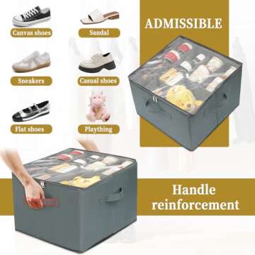BULFULL Shoe Organizer for Closet, Foldable Fabric Shoe Storage Bins with Clear Cover, Adjustable Dividers for Shoe Storage, Fits up to 16 Pairs, Reinforced Handles, Space-Saving Shoe Rack (Gray)