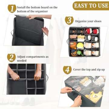 BULFULL Shoe Organizer for Closet, Foldable Fabric Shoe Storage Bins with Clear Cover, Adjustable Dividers for Shoe Storage, Fits up to 16 Pairs, Reinforced Handles, Space-Saving Shoe Rack (Gray)