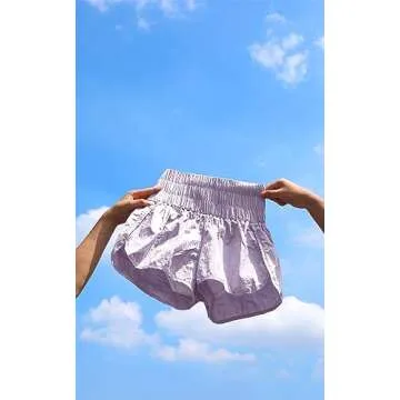 ODODOS Women's Athletic Shorts for Women Elastic High Waisted Quick Dry Crinkle Sports Casual Workout Running Shorts Mesh Back Pocket, Sheer Lilac, Large