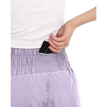 ODODOS Women's Athletic Shorts for Women Elastic High Waisted Quick Dry Crinkle Sports Casual Workout Running Shorts Mesh Back Pocket, Sheer Lilac, Large