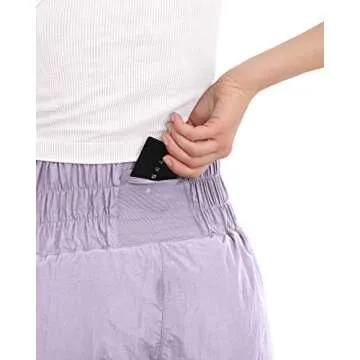 ODODOS Women's Athletic Shorts for Women Elastic High Waisted Quick Dry Crinkle Sports Casual Workout Running Shorts Mesh Back Pocket, Sheer Lilac, Large