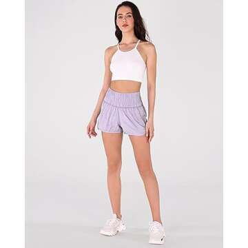ODODOS Women's Athletic Shorts for Women Elastic High Waisted Quick Dry Crinkle Sports Casual Workout Running Shorts Mesh Back Pocket, Sheer Lilac, Large
