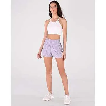 ODODOS Women's Athletic Shorts for Women Elastic High Waisted Quick Dry Crinkle Sports Casual Workout Running Shorts Mesh Back Pocket, Sheer Lilac, Large