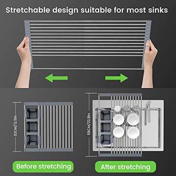 Expandable Roll Up Dish Drying Rack Up to 22.8''with 2 Storage Baskets,Over The Sink Kitchen Rolling up Dish Drainer, Foldable,Rollable for Cups,Fruits,Forks