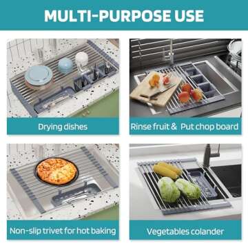 Expandable Roll Up Dish Drying Rack Up to 22.8''with 2 Storage Baskets,Over The Sink Kitchen Rolling up Dish Drainer, Foldable,Rollable for Cups,Fruits,Forks