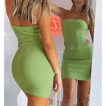 Women Y2k 2 Piece Mini Skirt Sets Solid Color Bandeau Top Knit Bodycon Short Skirt Suit Summer Streetwear(A1-Green,s)