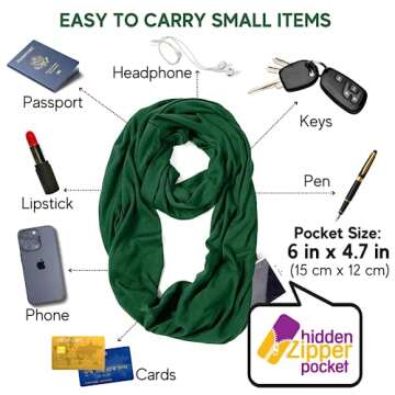 elzama Infinity Loop Solid Color Scarf With Hidden Zipper Pocket For Women, Travel Neck Wrap