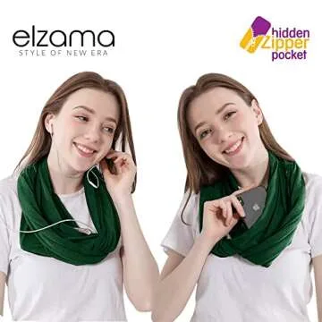 elzama Infinity Loop Solid Color Scarf With Hidden Zipper Pocket For Women, Travel Neck Wrap