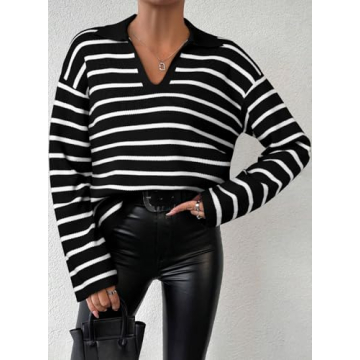 EVALESS Women's Striped V-Neck Sweater Ideal for Winter Fashion