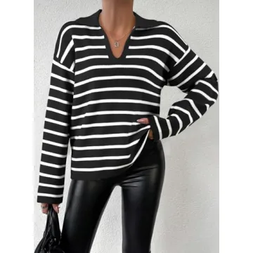 EVALESS Women's Striped V-Neck Sweater Ideal for Winter Fashion