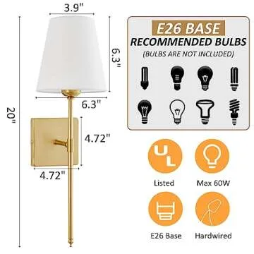Wall Sconces Sets of 2, White Fabric Shades Wall Sconces, Hardwired Retro Industrial Wall Lamps, Bathroom Vanity Sconces Wall Lighting, Wall Mounted Lamps for Bedroom Living Room Kitchen Mirror