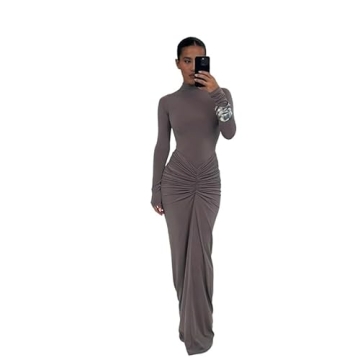 UEHCNFU Womens Sexy Dress Maxi Dress Long Sleeve Ruched Bodycon Turtleneck Club Party Dress Long Cas...