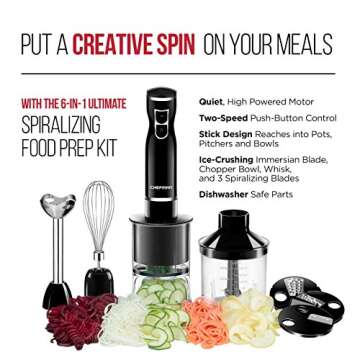 Chefman Electric Spiralizer & Immersion Blender/Vegetable Slicer 6-in-1 Food Prep Combo Kit, Includes 3 Spiralizing Blade Attachments, Zoodle Maker; Grate, Ribbon, Spiral, Blend, Chop, and Puree