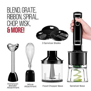 Chefman Electric Spiralizer & Immersion Blender/Vegetable Slicer 6-in-1 Food Prep Combo Kit, Includes 3 Spiralizing Blade Attachments, Zoodle Maker; Grate, Ribbon, Spiral, Blend, Chop, and Puree