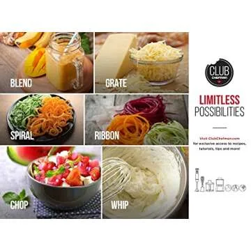 Chefman Electric Spiralizer & Immersion Blender/Vegetable Slicer 6-in-1 Food Prep Combo Kit, Includes 3 Spiralizing Blade Attachments, Zoodle Maker; Grate, Ribbon, Spiral, Blend, Chop, and Puree