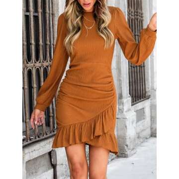 CUPSHE Women's Knit Long Sleeve Dress Crew Neck Ruffle Hem Ruched Mini Dresses, Orange M