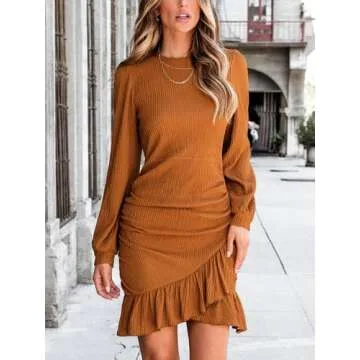 CUPSHE Women's Knit Long Sleeve Dress Crew Neck Ruffle Hem Ruched Mini Dresses, Orange M