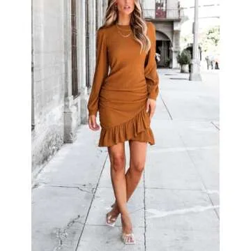 CUPSHE Women's Knit Long Sleeve Dress Crew Neck Ruffle Hem Ruched Mini Dresses, Orange M
