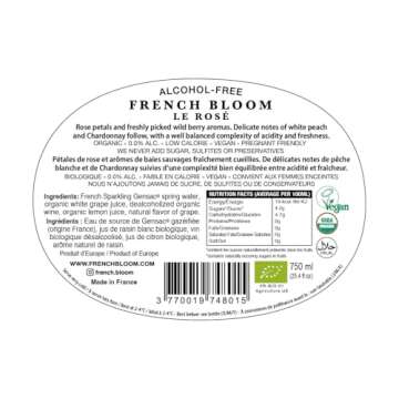 French Bloom Le Rosé, 0.0% Alcohol-Free Sparkling Wine, 750ml - Certified Organic, Vegan, Low Calorie, Pregnancy Friendly, Sulfite-Free - Made with Fine Organic Wine, No Preservatives or Added Sugar