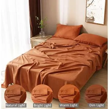 S VICTORY SYMBOL 100% Organic French Linen Sheets Set,Stone Washed 4 Pieces Natural Flax Bedding Set,Ultra Soft Luxurious Sheets Set(Caramel,King)