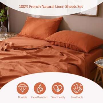 S VICTORY SYMBOL 100% Organic French Linen Sheets Set,Stone Washed 4 Pieces Natural Flax Bedding Set,Ultra Soft Luxurious Sheets Set(Caramel,King)