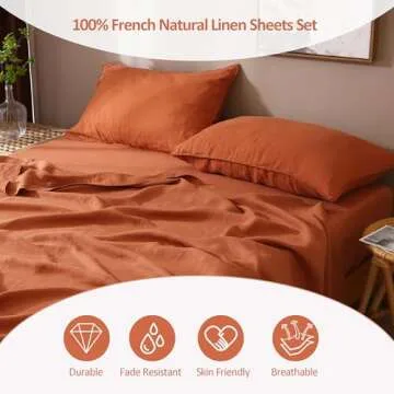 S VICTORY SYMBOL 100% Organic French Linen Sheets Set,Stone Washed 4 Pieces Natural Flax Bedding Set,Ultra Soft Luxurious Sheets Set(Caramel,King)