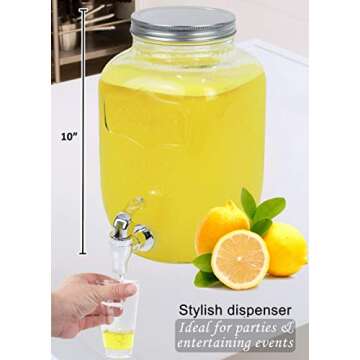 Estilo 2 Gallon Drink Dispenser, Glass Mason Jar Beverage Dispenser, Clear - Leak Free Spigot and Lid, Strong Glass for Parties, Weddings, and Picnics