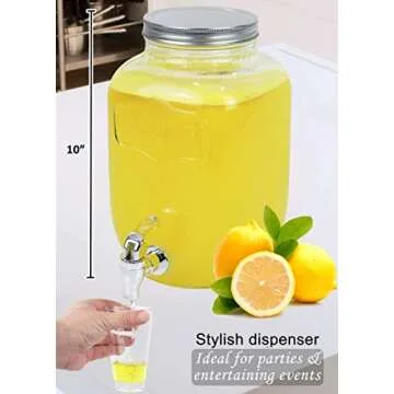 Estilo 2 Gallon Drink Dispenser, Glass Mason Jar Beverage Dispenser, Clear - Leak Free Spigot and Lid, Strong Glass for Parties, Weddings, and Picnics