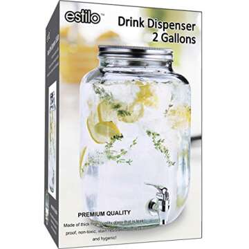 Estilo 2 Gallon Drink Dispenser, Glass Mason Jar Beverage Dispenser, Clear - Leak Free Spigot and Lid, Strong Glass for Parties, Weddings, and Picnics
