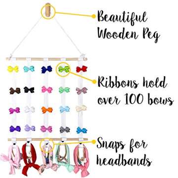 Hair Bow Holder Organizer for Girls - White Cotton Ribbons - Headband, Hair Tie, Clip, Bow Organizer...