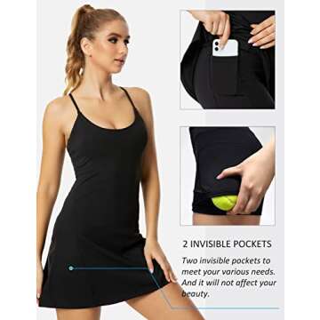 Womens Tennis Dress, Athletic Dress with Shorts Underneath & Built-in Bra Workout Golf Dresses with Adjustable Straps Black M