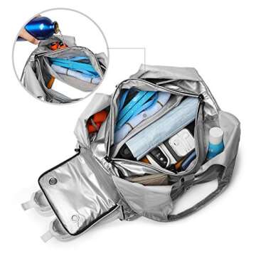 Travel Yoga Gym Bag for Women, Carrying Workout Gear, Makeup, and Accessories, Shoe Compartment and Wet Dry Storage Pockets（Medium，Sliver）