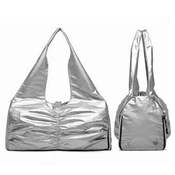 Travel Yoga Gym Bag for Women, Carrying Workout Gear, Makeup, and Accessories, Shoe Compartment and Wet Dry Storage Pockets（Medium，Sliver）