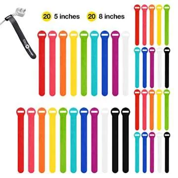 Self-Gripping Cable Ties by Wrap-It Storage, Multi-Color, 40 Pack (5 Inch and 8 Inch Straps) – Reusable Hook and Loop Cord Keeper, Cable Wrappers for Cord Management and Home Office Desk Organization